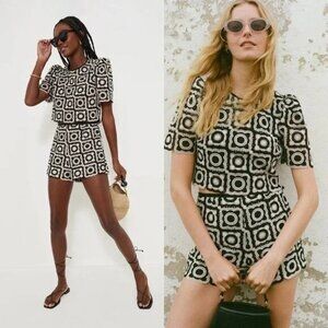 Saylor Women's Med Black and Cream Morgana Crochet Matching Set Top and Shorts